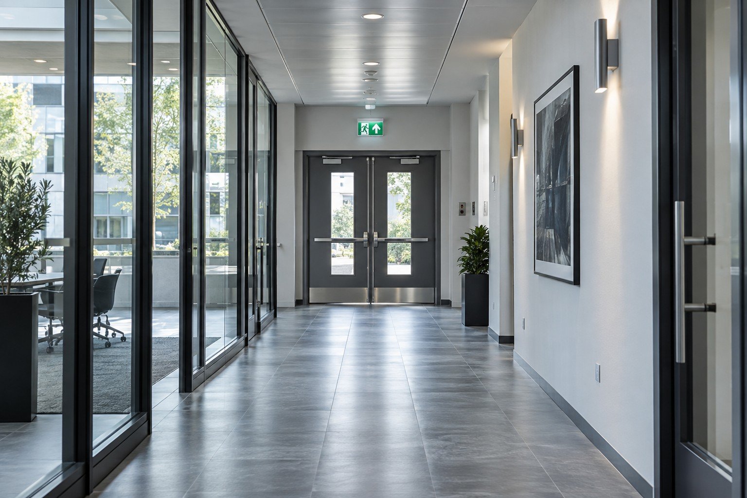 Illustration of a clear office corridor leading to marked emergency exit doors