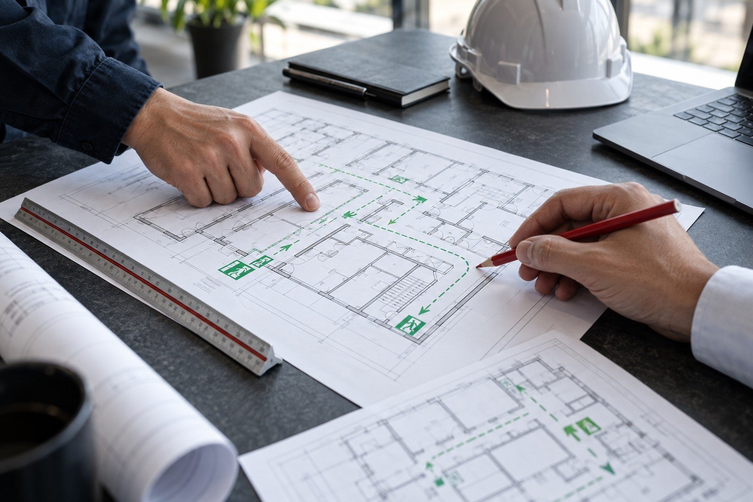 Conceptual image of professionals reviewing evacuation routes on an architectural floor plan
